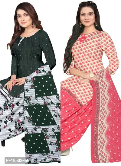 Green  Pink Crepe Printed Dress Material with Dupatta For Women (Combo pack of 2)