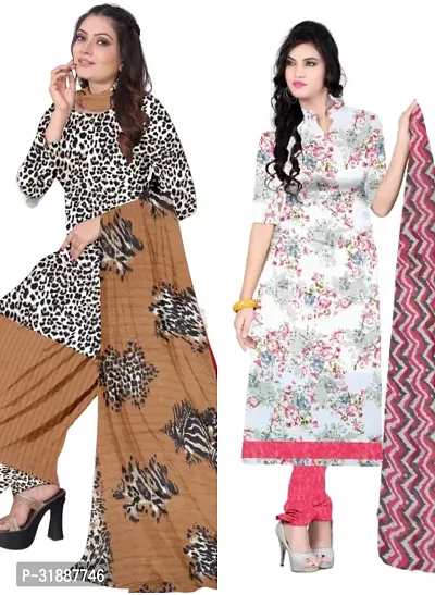 Elegant Multicoloured Cotton Printed Dress Material with Dupatta For Women (Combo Pack of 2)-thumb0