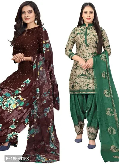 Brown  Beige Crepe Printed Dress Material with Dupatta For Women (Combo pack of 2)