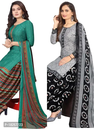 Turquoise  Grey Crepe Printed Dress Material with Dupatta For Women (Combo pack of 2)