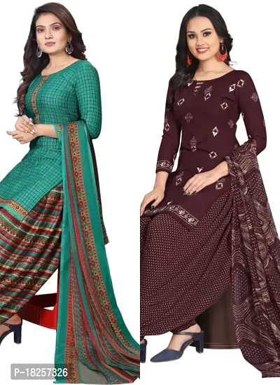 Turquoise  Wine Crepe Printed Dress Material with Dupatta For Women (Combo pack of 2)