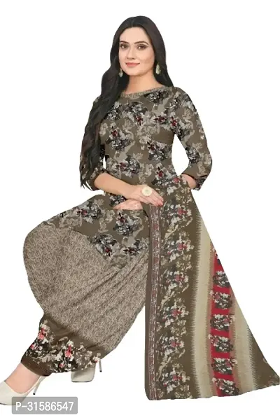 Elegant Brown Cotton Blend Printed Dress Material with Dupatta For Women-thumb0