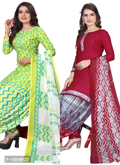 Yellow  Maroon Crepe Printed Dress Material with Dupatta For Women (Combo pack of 2)