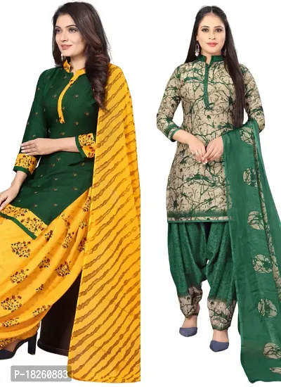 Green  Beige Crepe Printed Dress Material with Dupatta For Women (Combo pack of 2)