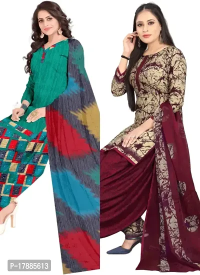 Turquoise  Beige Crepe Printed Dress Material with Dupatta For Women (Combo pack of 2)-thumb0