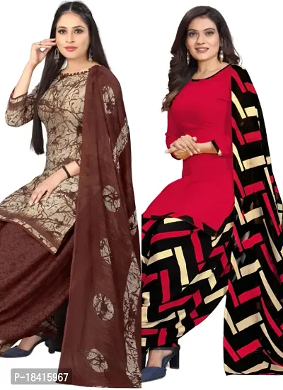 Beige  Red Crepe Printed Dress Material with Dupatta For Women (Combo pack of 2)