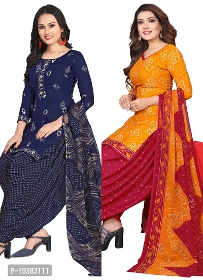 Navy Blue  Orange Crepe Printed Dress Material with Dupatta For Women (Combo pack of 2)