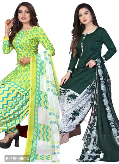 Yellow  Green Crepe Printed Dress Material with Dupatta For Women (Combo pack of 2)