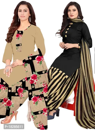 Beige  Black Crepe Printed Dress Material with Dupatta For Women (Combo pack of 2)