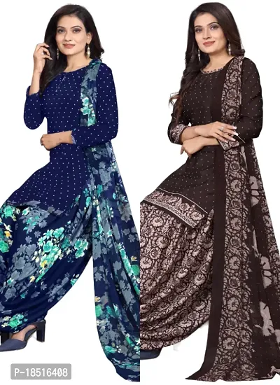 Navy Blue  Brown Crepe Printed Dress Material with Dupatta For Women (Combo pack of 2)