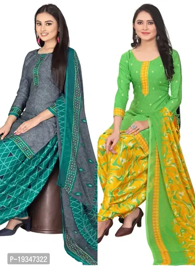 Grey  Green Crepe Printed Dress Material with Dupatta For Women (Combo pack of 2)