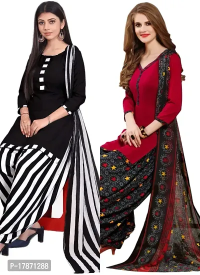 Black  Red Crepe Printed Dress Material with Dupatta For Women (Combo pack of 2)