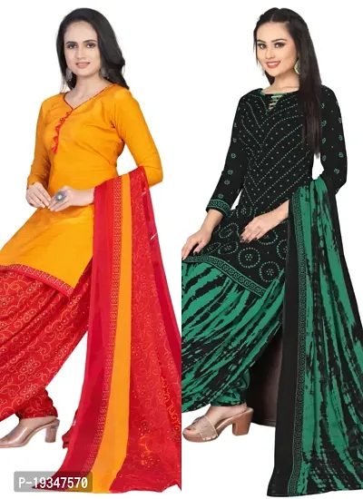 Yellow  Black Crepe Printed Dress Material with Dupatta For Women (Combo pack of 2)