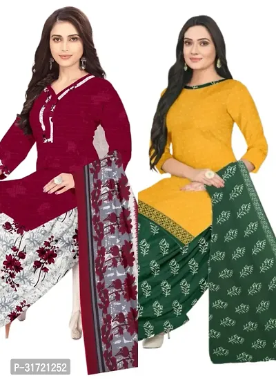 Elegant Multicoloured Cotton Printed Dress Material with Dupatta For Women (Combo Pack of 2)-thumb0