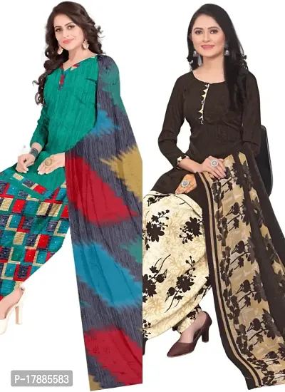 Turquoise  Brown Crepe Printed Dress Material with Dupatta For Women (Combo pack of 2)-thumb0