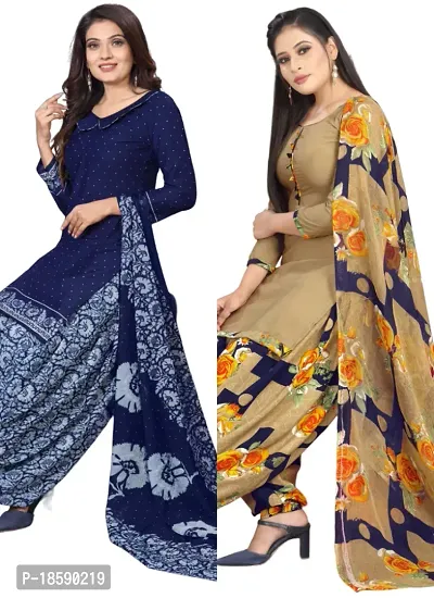 Navy Blue  Beige Crepe Printed Dress Material with Dupatta For Women (Combo pack of 2)