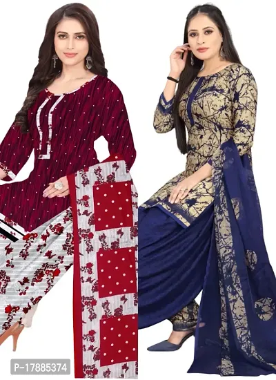 Maroon  Beige Crepe Printed Dress Material with Dupatta For Women (Combo pack of 2)-thumb0