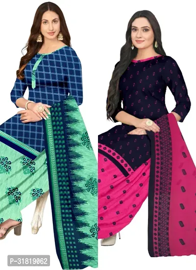 Elegant Multicoloured Cotton Printed Dress Material with Dupatta For Women (Combo Pack of 2)-thumb0