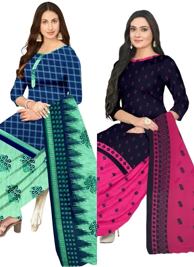 Stylish Cotton Blend Printed Unstitched Suits - Pack of 2