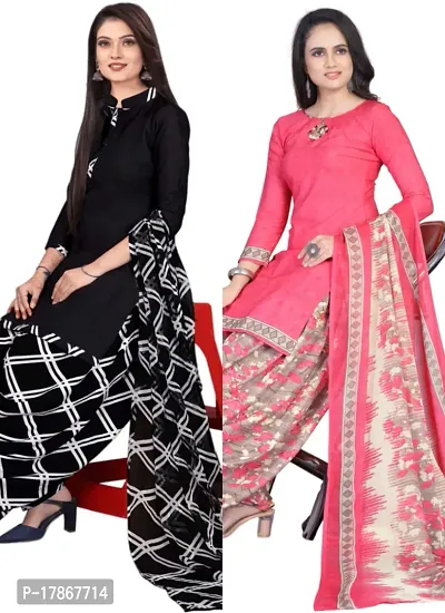 Black  Pink Crepe Printed Dress Material with Dupatta For Women (Combo pack of 2)