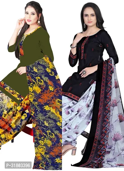 Elegant Multicoloured Cotton Printed Dress Material with Dupatta For Women (Combo Pack of 2)-thumb0