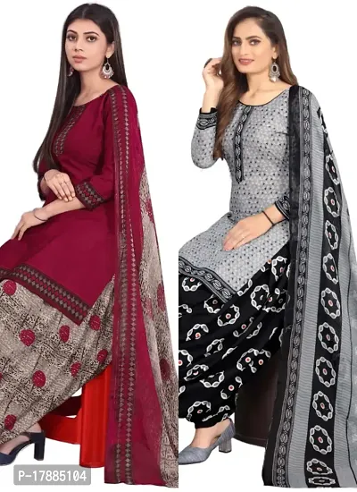 Maroon  Grey Crepe Printed Dress Material with Dupatta For Women (Combo pack of 2)