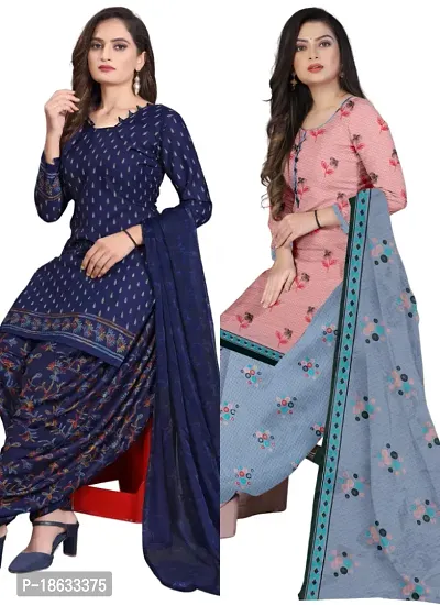 Navy Blue  Pink Crepe Printed Dress Material with Dupatta For Women (Combo pack of 2)-thumb0