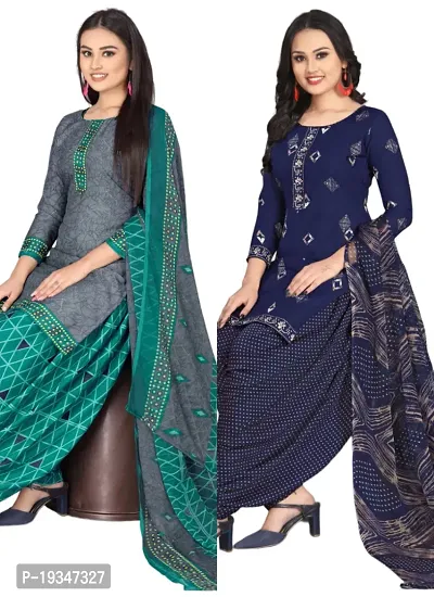 Grey  Navy Blue Crepe Printed Dress Material with Dupatta For Women (Combo pack of 2)