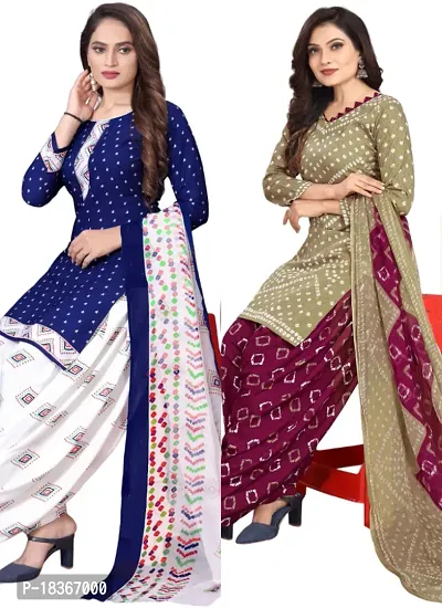 Navy Blue  Multicolor Crepe Printed Dress Material with Dupatta For Women (Combo pack of 2)-thumb0