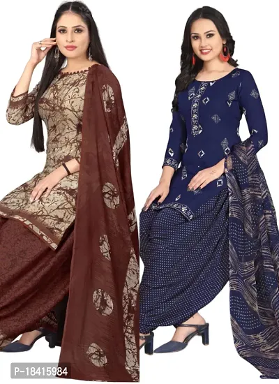 Beige  Navy Blue Crepe Printed Dress Material with Dupatta For Women (Combo pack of 2)-thumb0