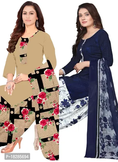 Beige  Navy Blue Crepe Printed Dress Material with Dupatta For Women (Combo pack of 2)