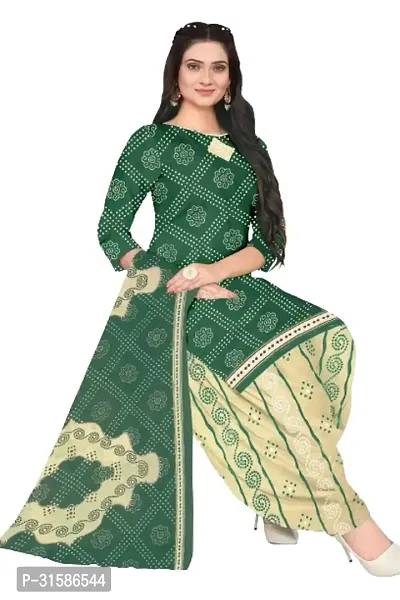 Elegant Green Cotton Blend Printed Dress Material with Dupatta For Women