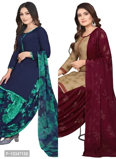 Blue  Beige Crepe Printed Dress Material with Dupatta For Women (Combo pack of 2)