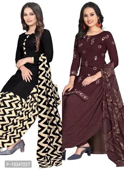 Black  Wine Crepe Printed Dress Material with Dupatta For Women (Combo pack of 2)