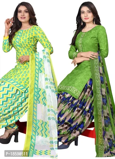 Yellow  Green Crepe Printed Dress Material with Dupatta For Women (Combo pack of 2)