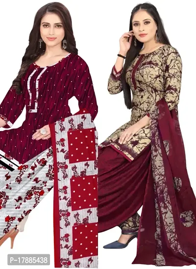 Maroon  Beige Crepe Printed Dress Material with Dupatta For Women (Combo pack of 2)