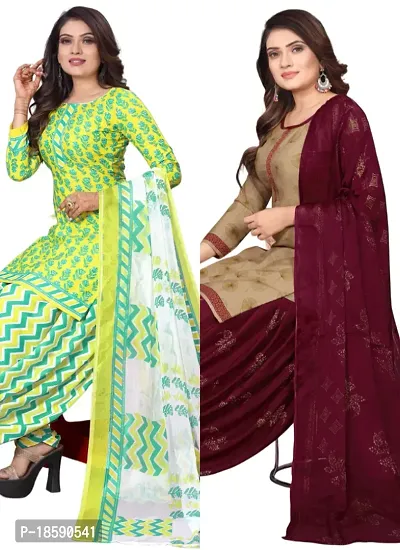 Yellow  Beige Crepe Printed Dress Material with Dupatta For Women (Combo pack of 2)