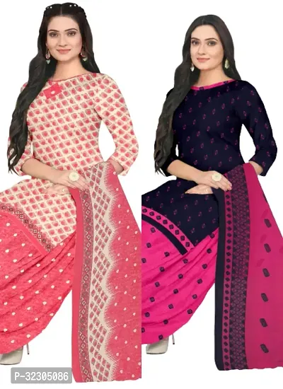 Elegant Multicoloured Cotton Printed Dress Material with Dupatta For Women - Pack of 2-thumb0