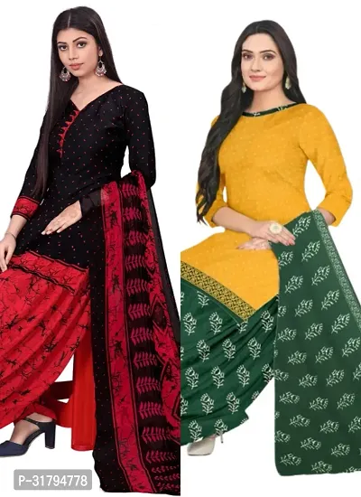 Elegant Multicoloured Cotton Printed Dress Material with Dupatta For Women (Combo Pack of 2)-thumb0