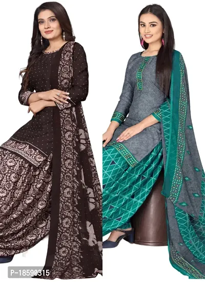 Brown  Grey Crepe Printed Dress Material with Dupatta For Women (Combo pack of 2)