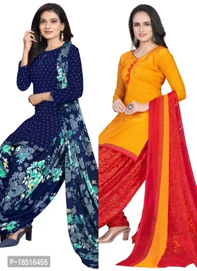 Navy Blue  Yellow Crepe Printed Dress Material with Dupatta For Women (Combo pack of 2)