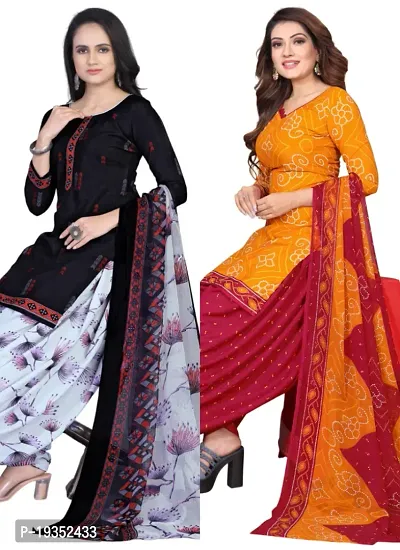 Navy Blue  Orange Crepe Printed Dress Material with Dupatta For Women (Combo pack of 2)