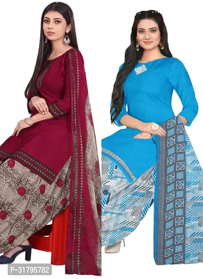 Elegant Multicoloured Cotton Printed Dress Material with Dupatta For Women (Combo Pack of 2)-thumb0