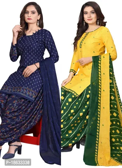 Navy Blue  Yellow Crepe Printed Dress Material with Dupatta For Women (Combo pack of 2)