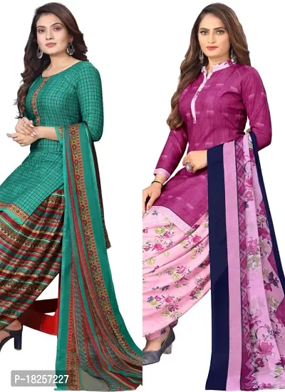 Turquoise  Pink Crepe Printed Dress Material with Dupatta For Women (Combo pack of 2)