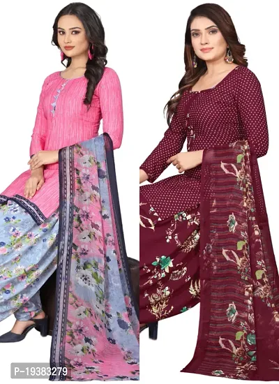 Pink  Maroon Crepe Printed Dress Material with Dupatta For Women (Combo pack of 2)-thumb0