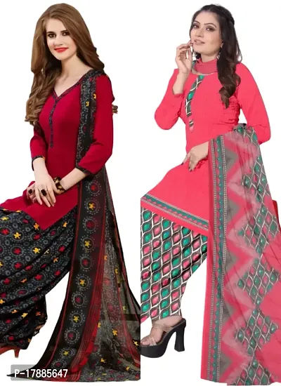 Red  Pink Crepe Printed Dress Material with Dupatta For Women (Combo pack of 2)-thumb0