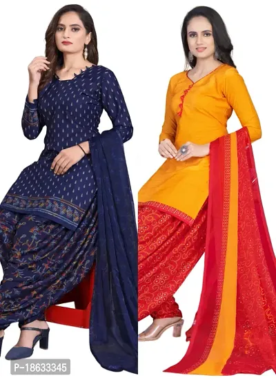 Navy Blue  Yellow Crepe Printed Dress Material with Dupatta For Women (Combo pack of 2)-thumb0