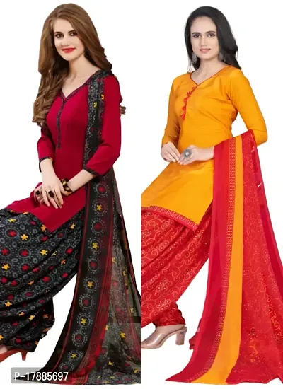 Red  Yellow Crepe Printed Dress Material with Dupatta For Women (Combo pack of 2)-thumb0