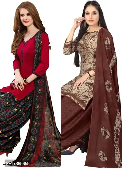 Red  Beige Crepe Printed Dress Material with Dupatta For Women (Combo pack of 2)-thumb0